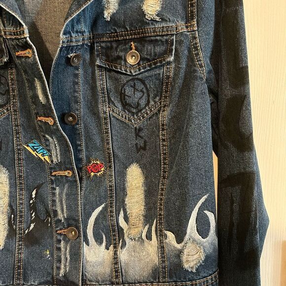 Highway Jeans Denim Jacket Cropped Distressed Customized 100% Cotton L - Picture 6 of 9